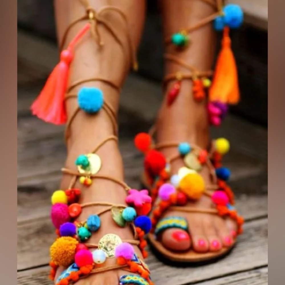 New in Box: Leather gladiator sandals pom poms & tassels- size 40